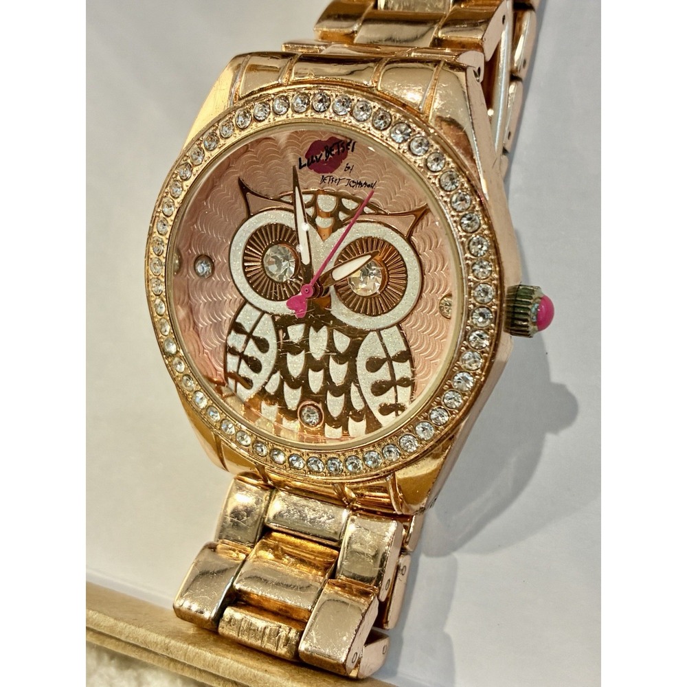 Betsey Johnson Luv Betsey Owl Watch Rose Gold Crystal Rhinestone Pink Women's